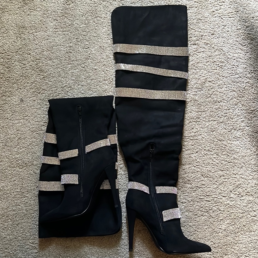 Brand new black and silver heeled thigh high boots